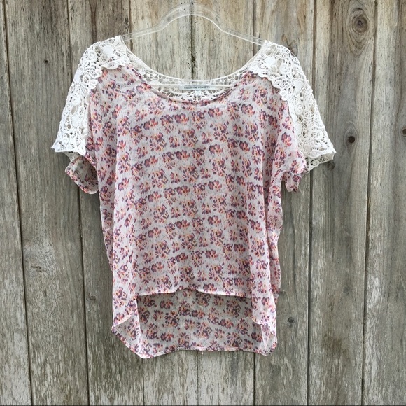 Collective Concepts Tops - Collective Concepts Sheer Pastel Floral Scoop Neck Short Sleeve Blouse XS